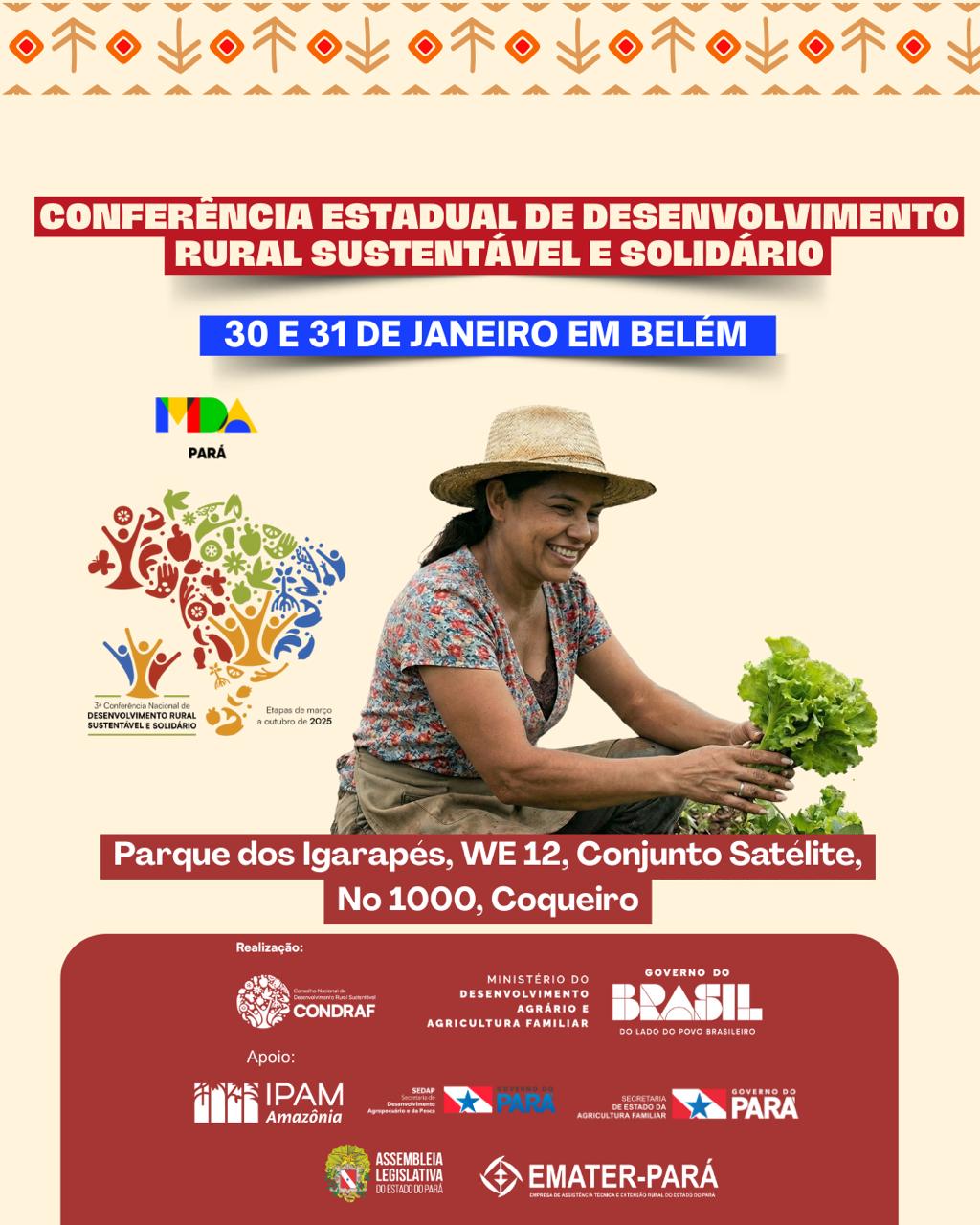 Imagem mostra mulher de chapéu com maço de folhas na mão, em anúncio com informações sobre a Conferência Estadual de Desenvolvimento Rural Sustentável  